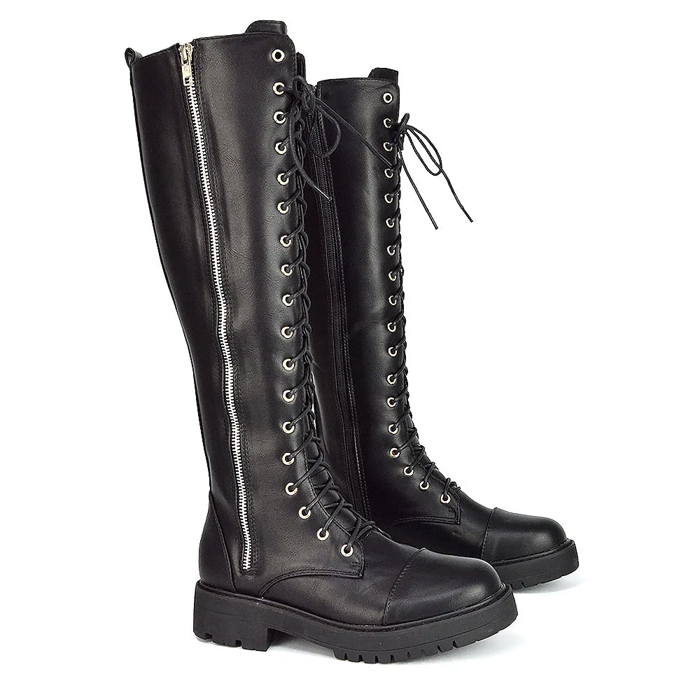 Ada Lace Up Knee High Boots Vegan Friendly With Deco Zip In Black Synthetic Leather