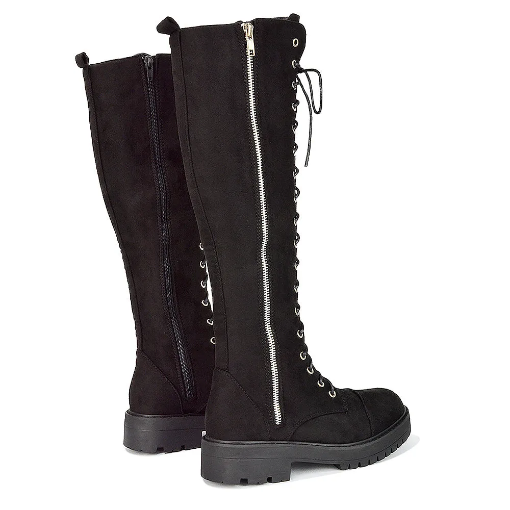 Ada Lace Up Knee High Boots Vegan Friendly With Deco Zip In Black Synthetic Leather