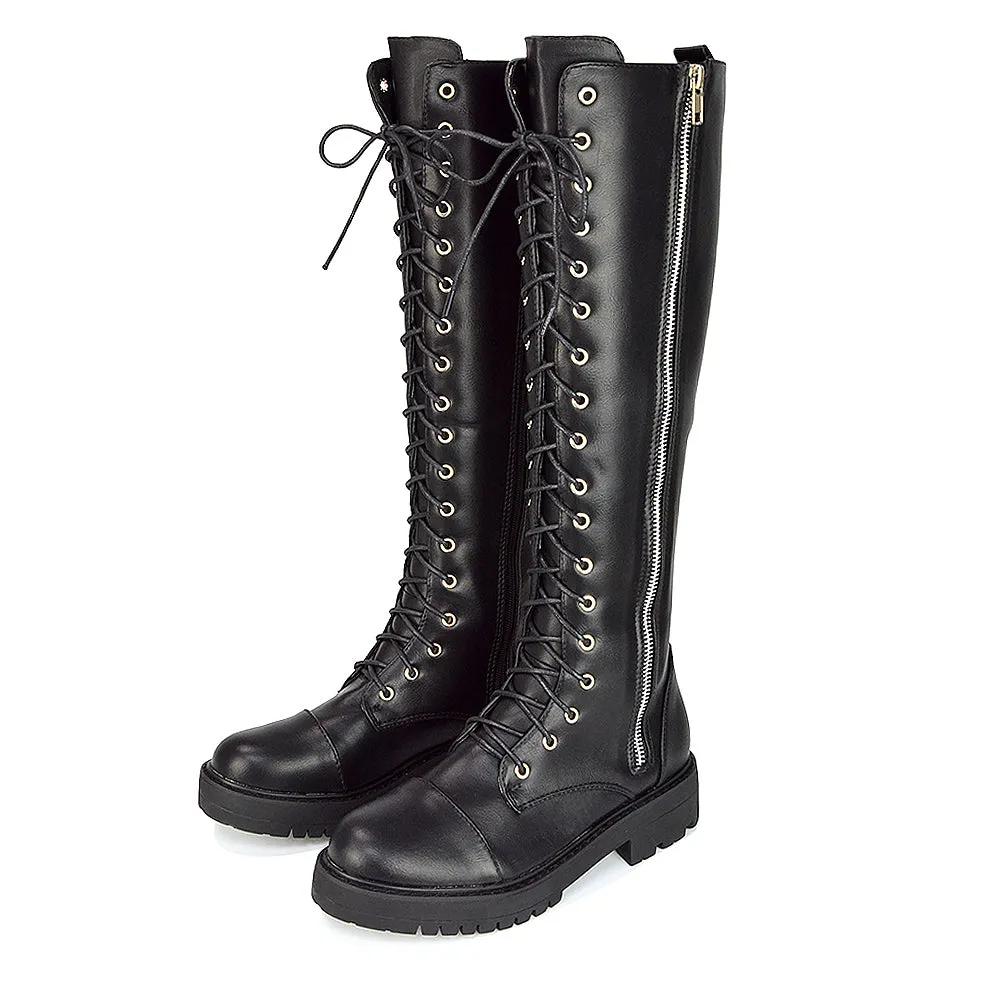 Ada Lace Up Knee High Boots Vegan Friendly With Deco Zip In Black Synthetic Leather