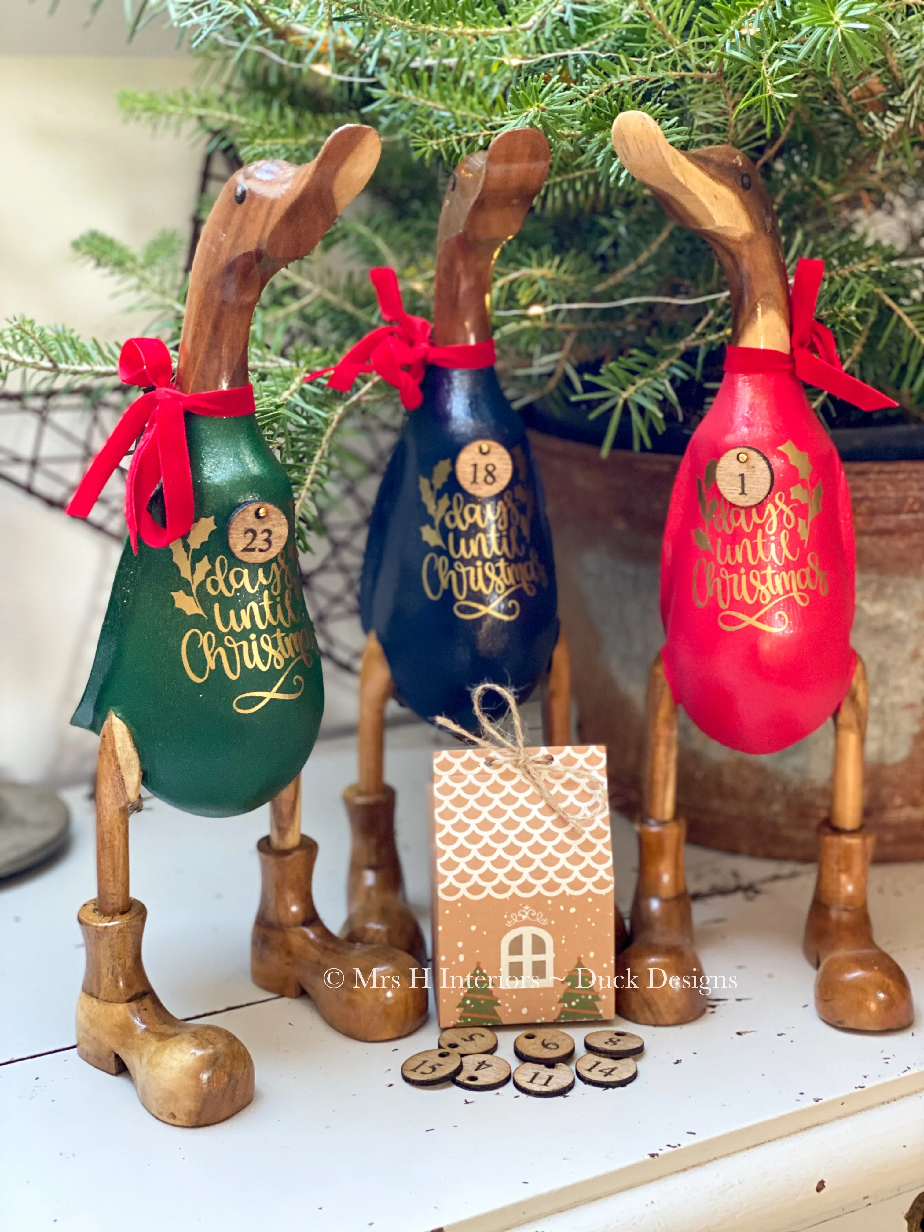 Advent Countdown - Decorated Wooden Duck in Boots by the Duck Lady