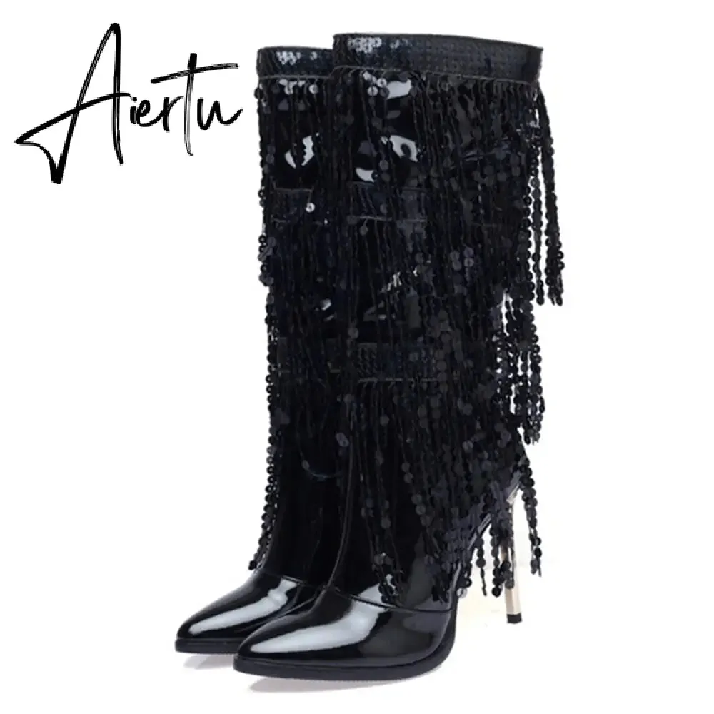 Aiertu  Fashion Pointed Toe Fringe Sequined Mid Calf Boots For Women Zip Metallic Glitter Sexy Elegant Dress Long Shoes