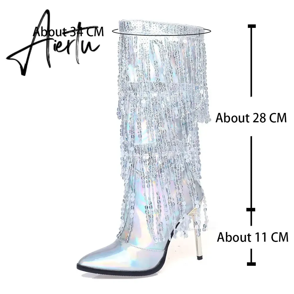 Aiertu  Fashion Pointed Toe Fringe Sequined Mid Calf Boots For Women Zip Metallic Glitter Sexy Elegant Dress Long Shoes