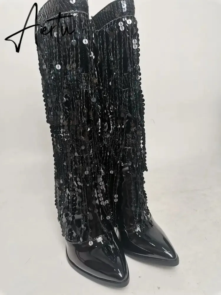 Aiertu  Fashion Pointed Toe Fringe Sequined Mid Calf Boots For Women Zip Metallic Glitter Sexy Elegant Dress Long Shoes