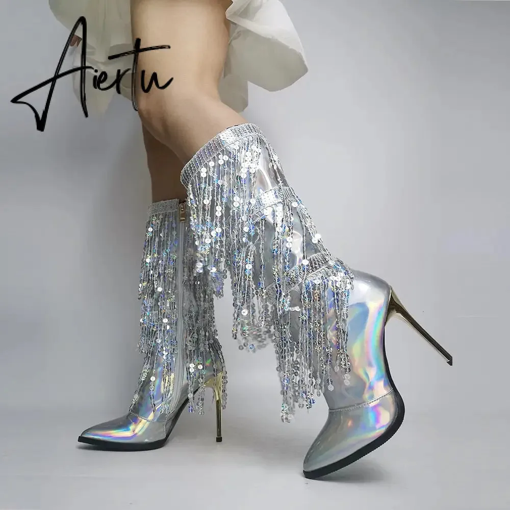 Aiertu  Fashion Pointed Toe Fringe Sequined Mid Calf Boots For Women Zip Metallic Glitter Sexy Elegant Dress Long Shoes