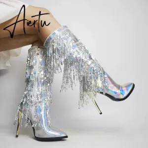 Aiertu  Fashion Pointed Toe Fringe Sequined Mid Calf Boots For Women Zip Metallic Glitter Sexy Elegant Dress Long Shoes