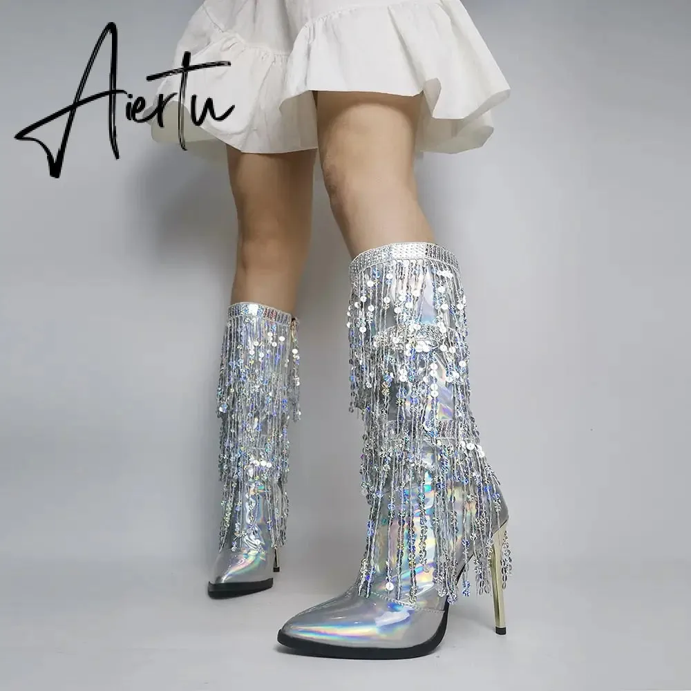 Aiertu  Fashion Pointed Toe Fringe Sequined Mid Calf Boots For Women Zip Metallic Glitter Sexy Elegant Dress Long Shoes