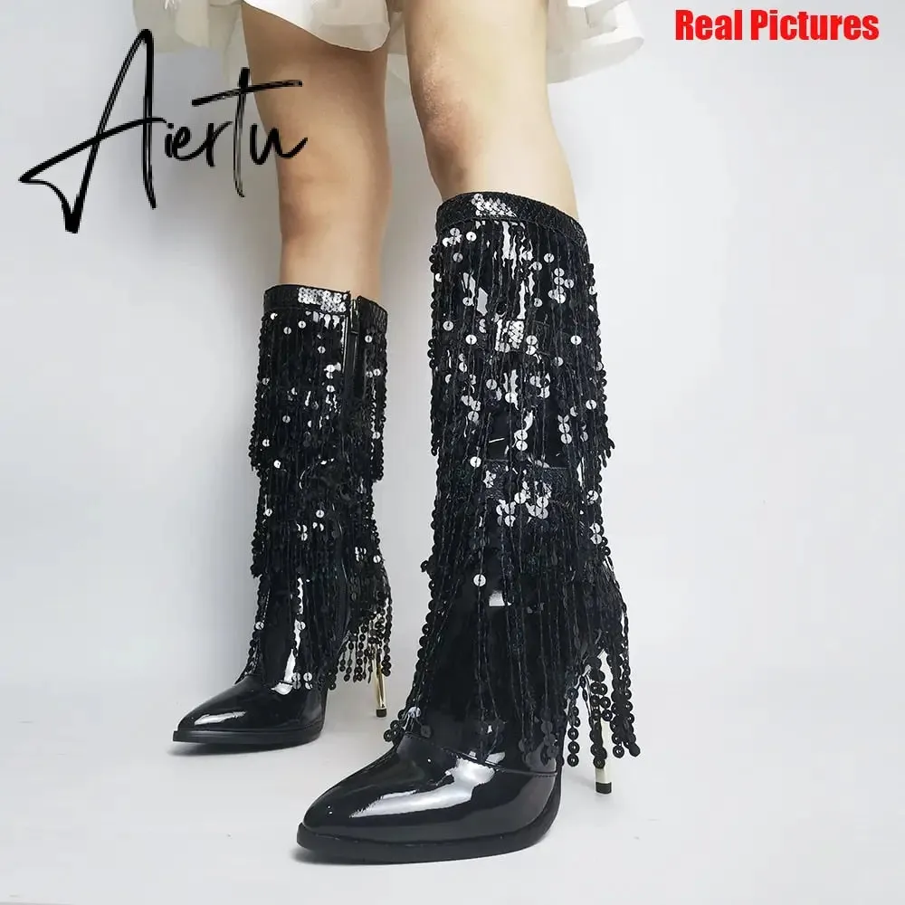 Aiertu  Fashion Pointed Toe Fringe Sequined Mid Calf Boots For Women Zip Metallic Glitter Sexy Elegant Dress Long Shoes