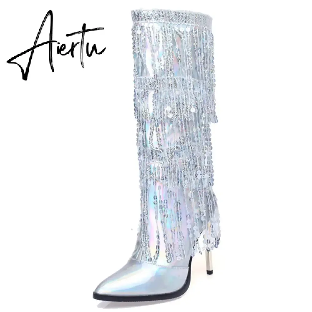 Aiertu  Fashion Pointed Toe Fringe Sequined Mid Calf Boots For Women Zip Metallic Glitter Sexy Elegant Dress Long Shoes