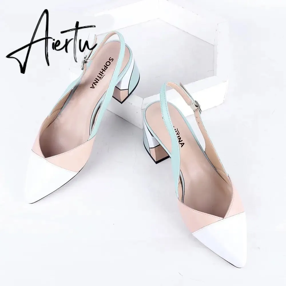 Aiertu Fashion Sandals Women  Summer Genuine Leather Tricolor Heel Pointed Toe Sandals Handmade Thick Heels Women Shoes