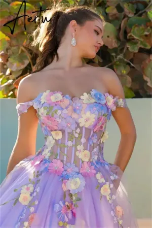 Aiertu   Lavender Purple Prom Dresses 3D Flower Embroidery Graduate Evening Dresses Glitter Tulle Wedding Dress Party Dresses 2024