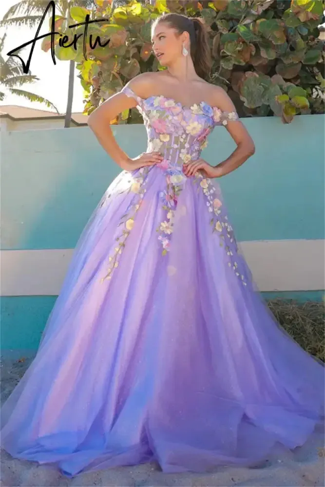 Aiertu   Lavender Purple Prom Dresses 3D Flower Embroidery Graduate Evening Dresses Glitter Tulle Wedding Dress Party Dresses 2024