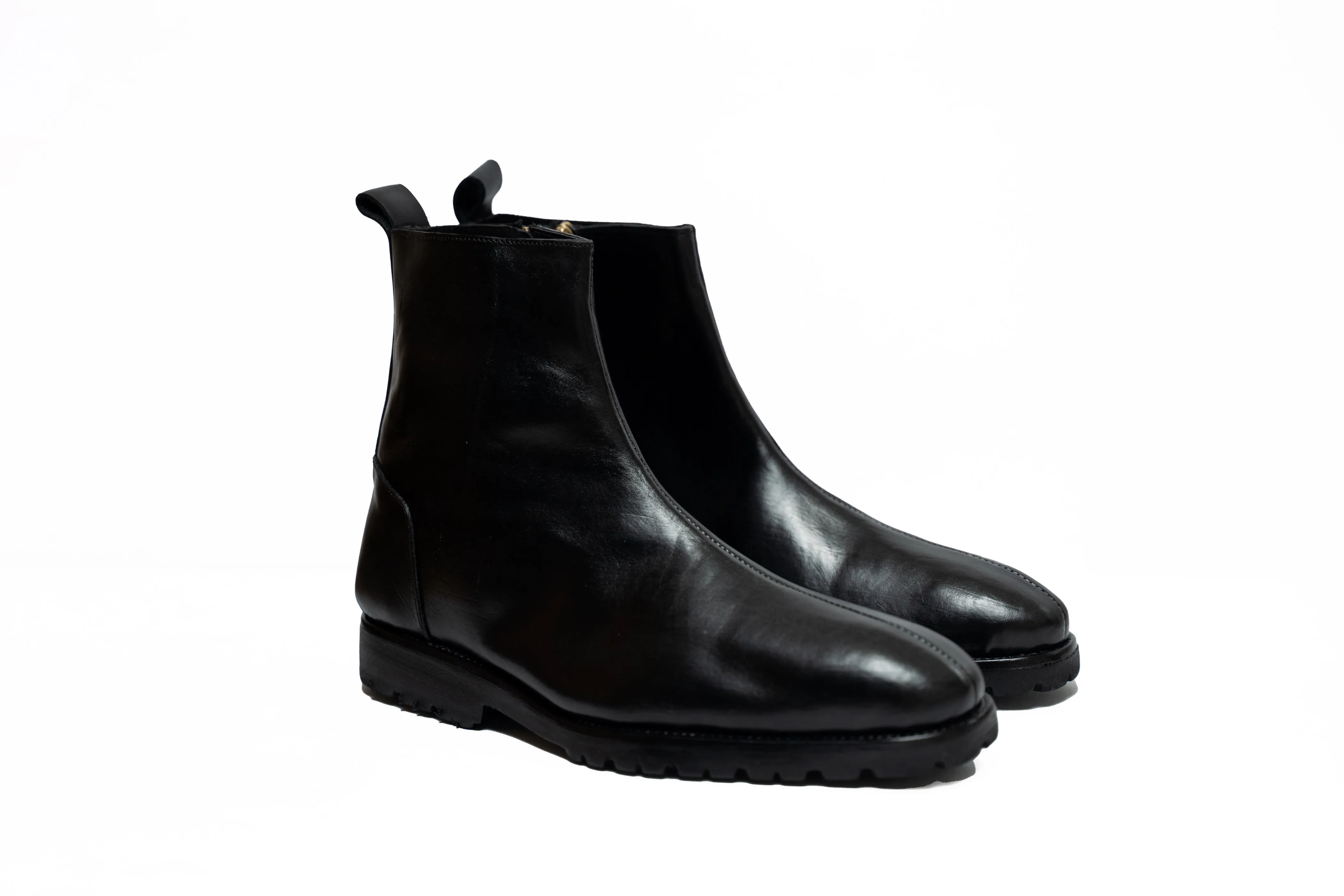 Ajadi Biker Boots in Black Leather with Side Zipper and Lug Rubber Soles