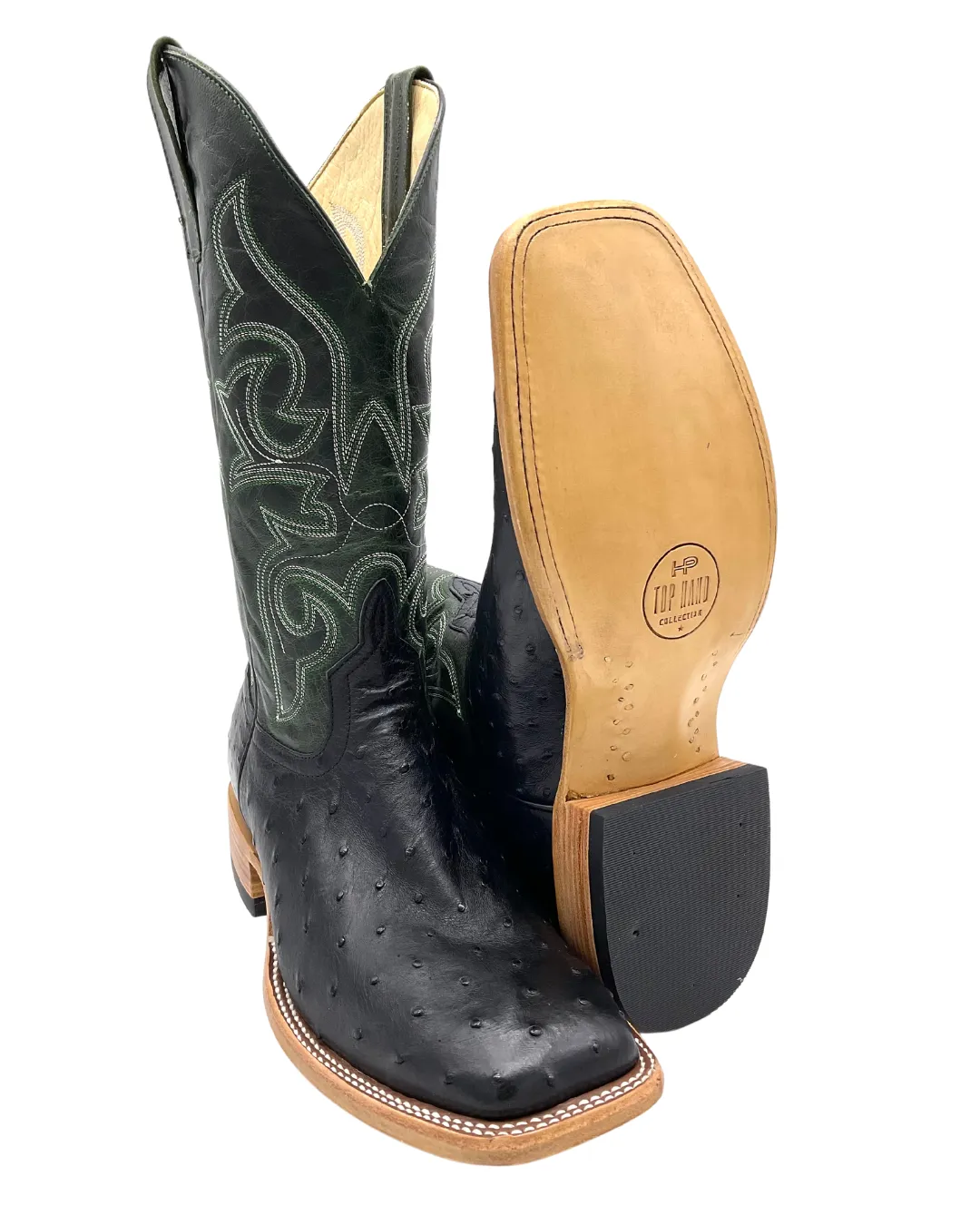 'Anderson Bean' Men's 13" HorsePower Top Hand Full Quill Ostrich Boot - Black / Emerald Explosion