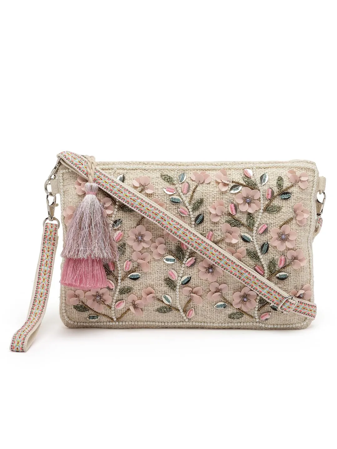 Anekaant Boho Natural, Pastel Pink & Multi Floral Bead Work Cotton Sling Bag