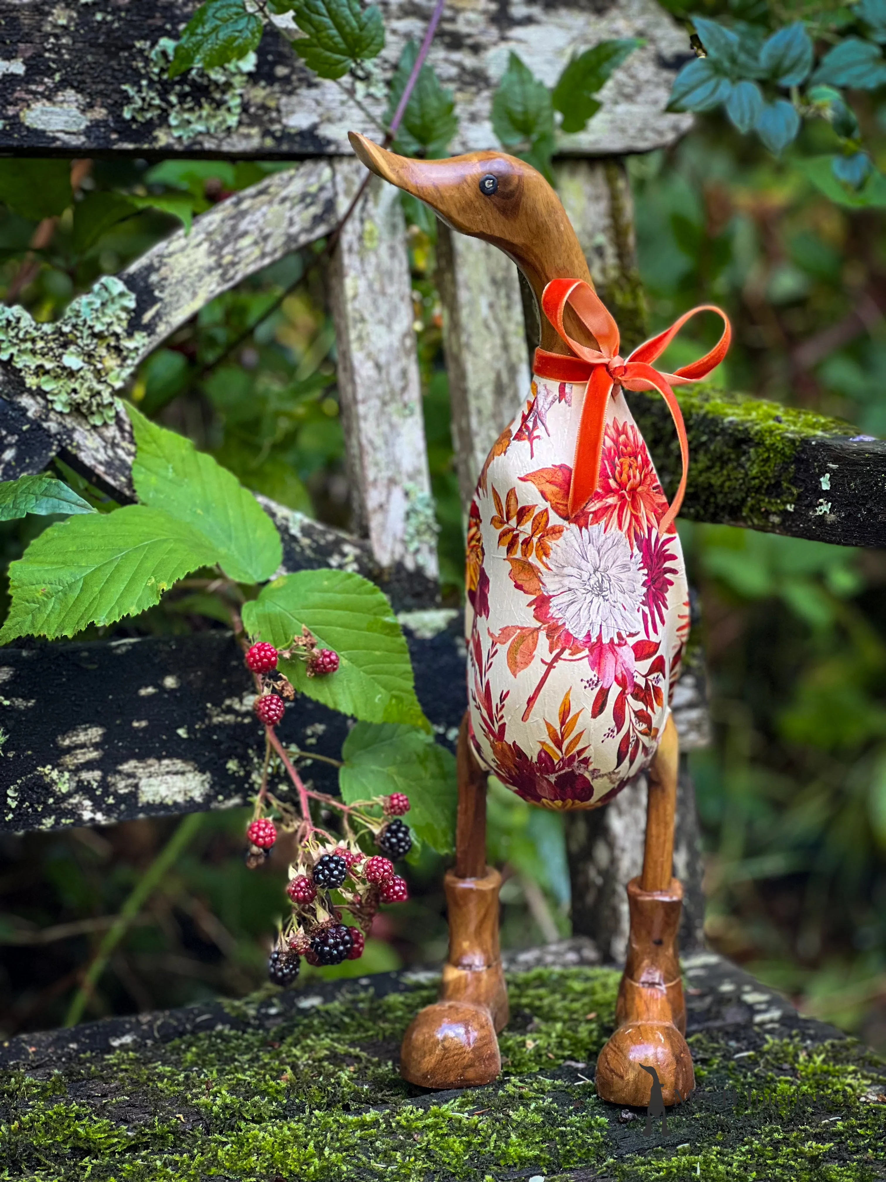 Audrey The Autumnal Dahlia Duck - Decorated Wooden Duck in Boots by Mrs H the Duck Lady