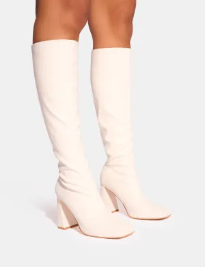 Audrina White Pu Block Heel Knee High Sock Boots