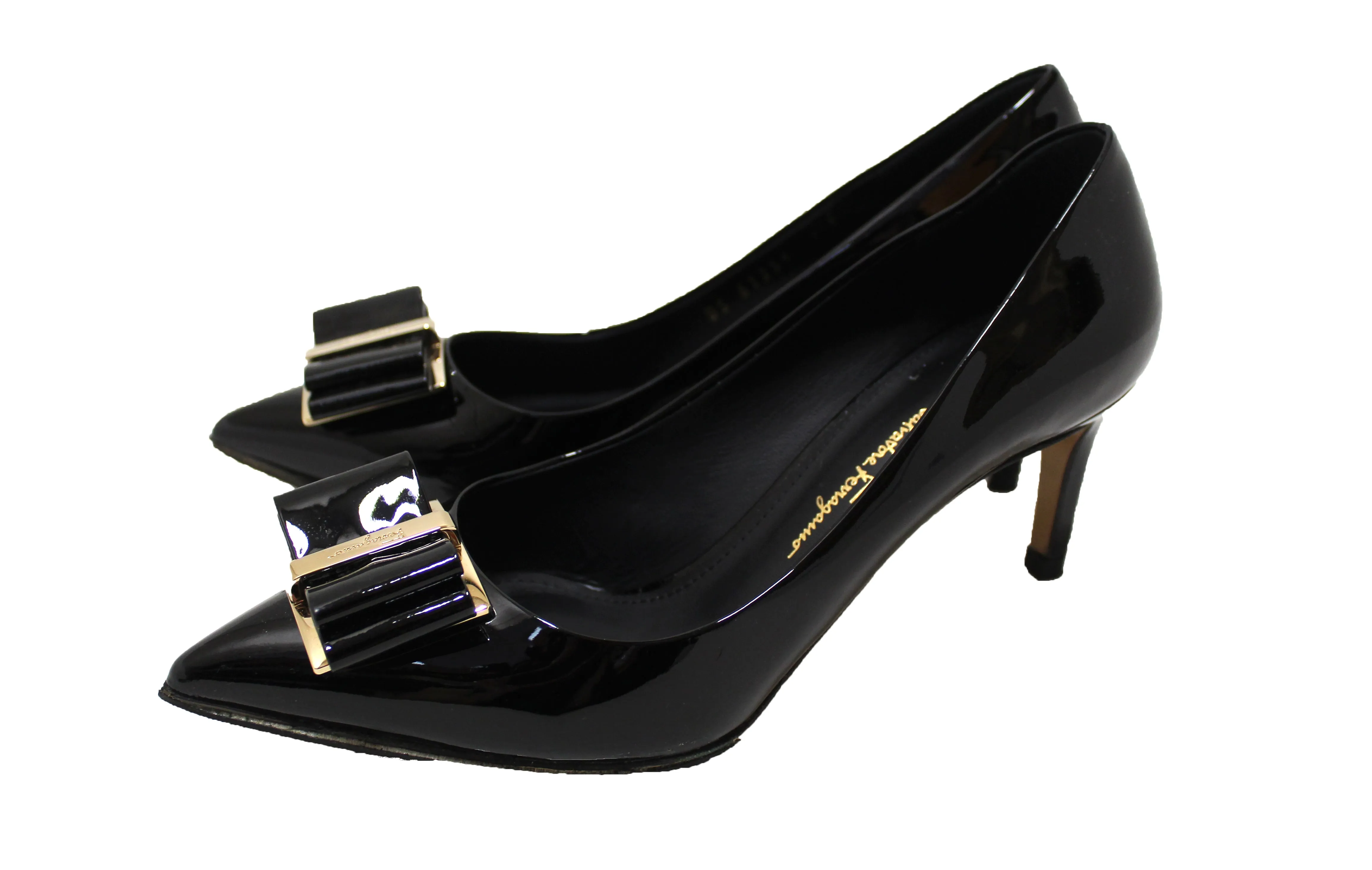 Authentic Salvatore Ferragamo Black Patent Leather Zeri Pointed Toe Pump Size 7.5