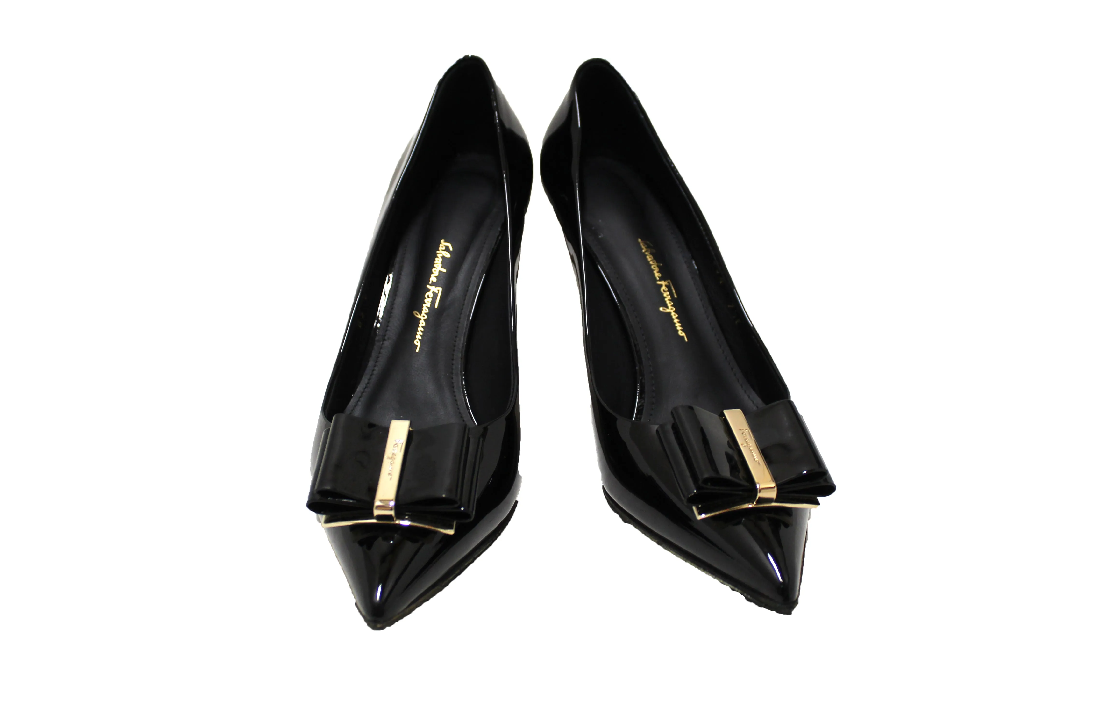 Authentic Salvatore Ferragamo Black Patent Leather Zeri Pointed Toe Pump Size 7.5