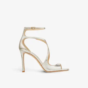 Azia 95 Jimmy Choo Glitter Leather Strap Heel Sandal in Champagne