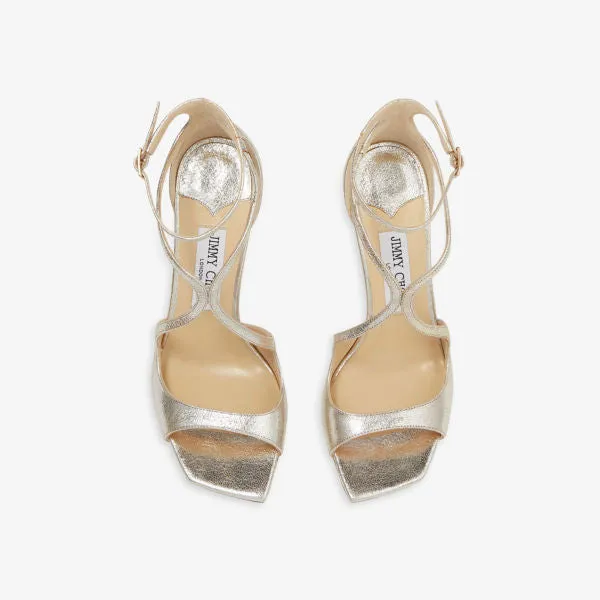 Azia 95 Jimmy Choo Glitter Leather Strap Heel Sandal in Champagne