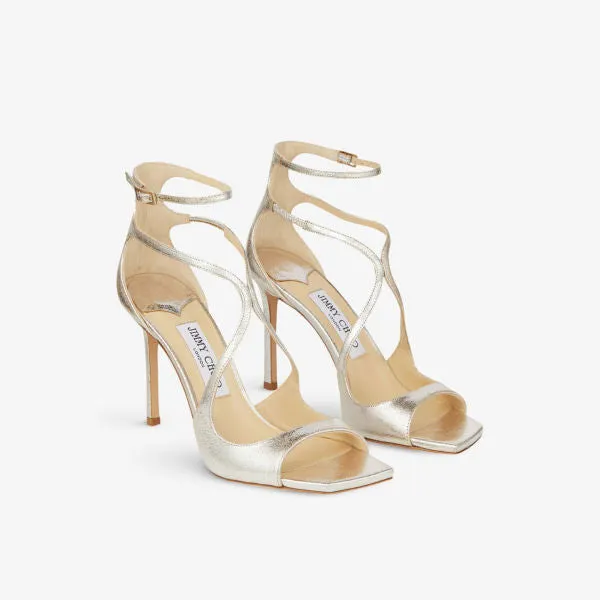 Azia 95 Jimmy Choo Glitter Leather Strap Heel Sandal in Champagne