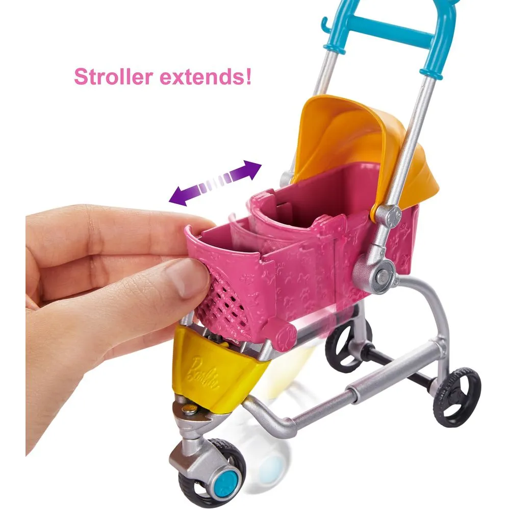 Barbie GHV92 Stroll N Play Pups Playset with Barbie Doll, 2 Puppies and Pet Stroller