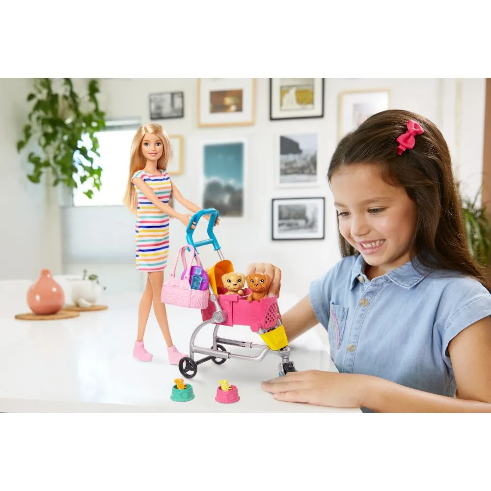 Barbie GHV92 Stroll N Play Pups Playset with Barbie Doll, 2 Puppies and Pet Stroller