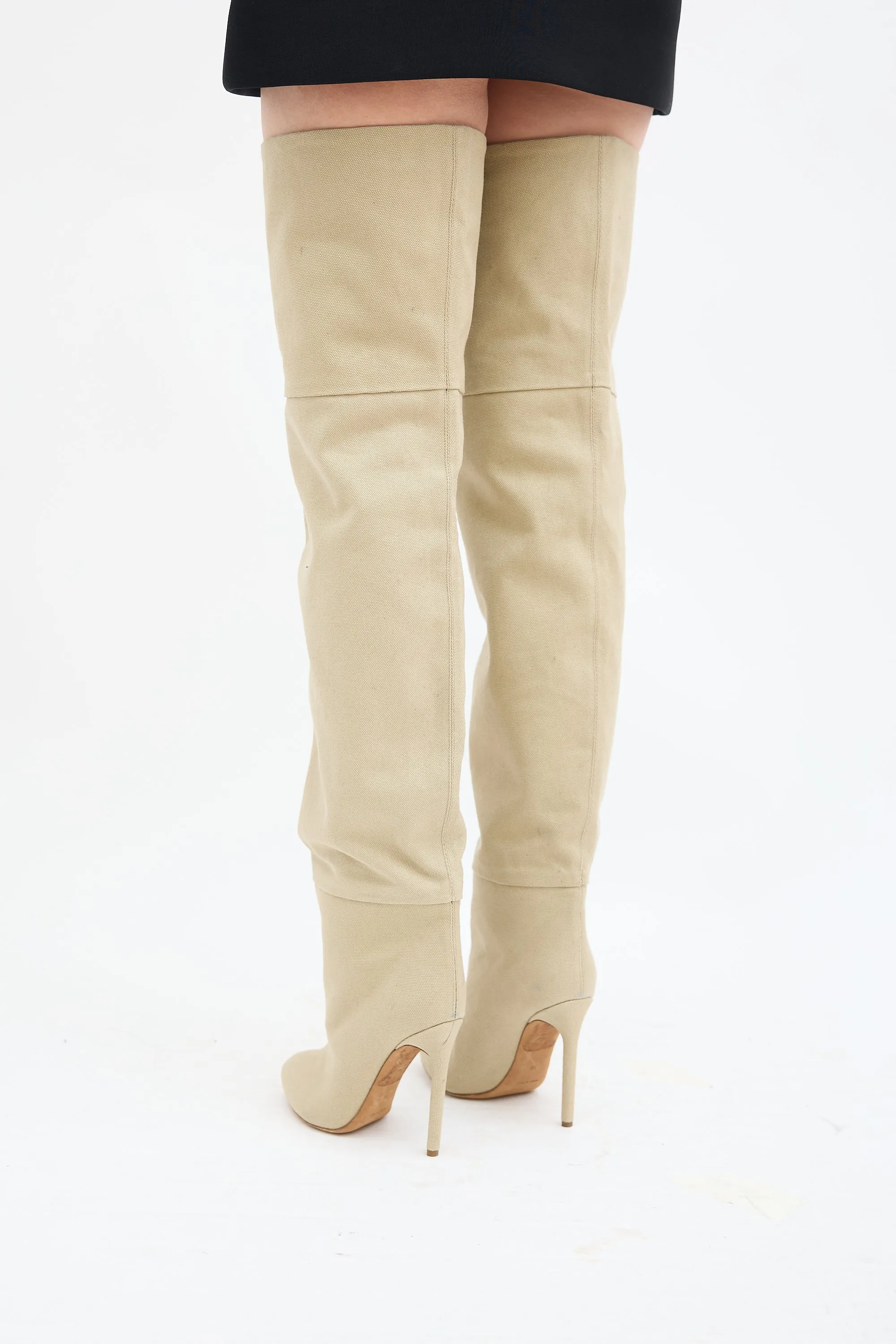 Beige Canvas Thigh High Boot