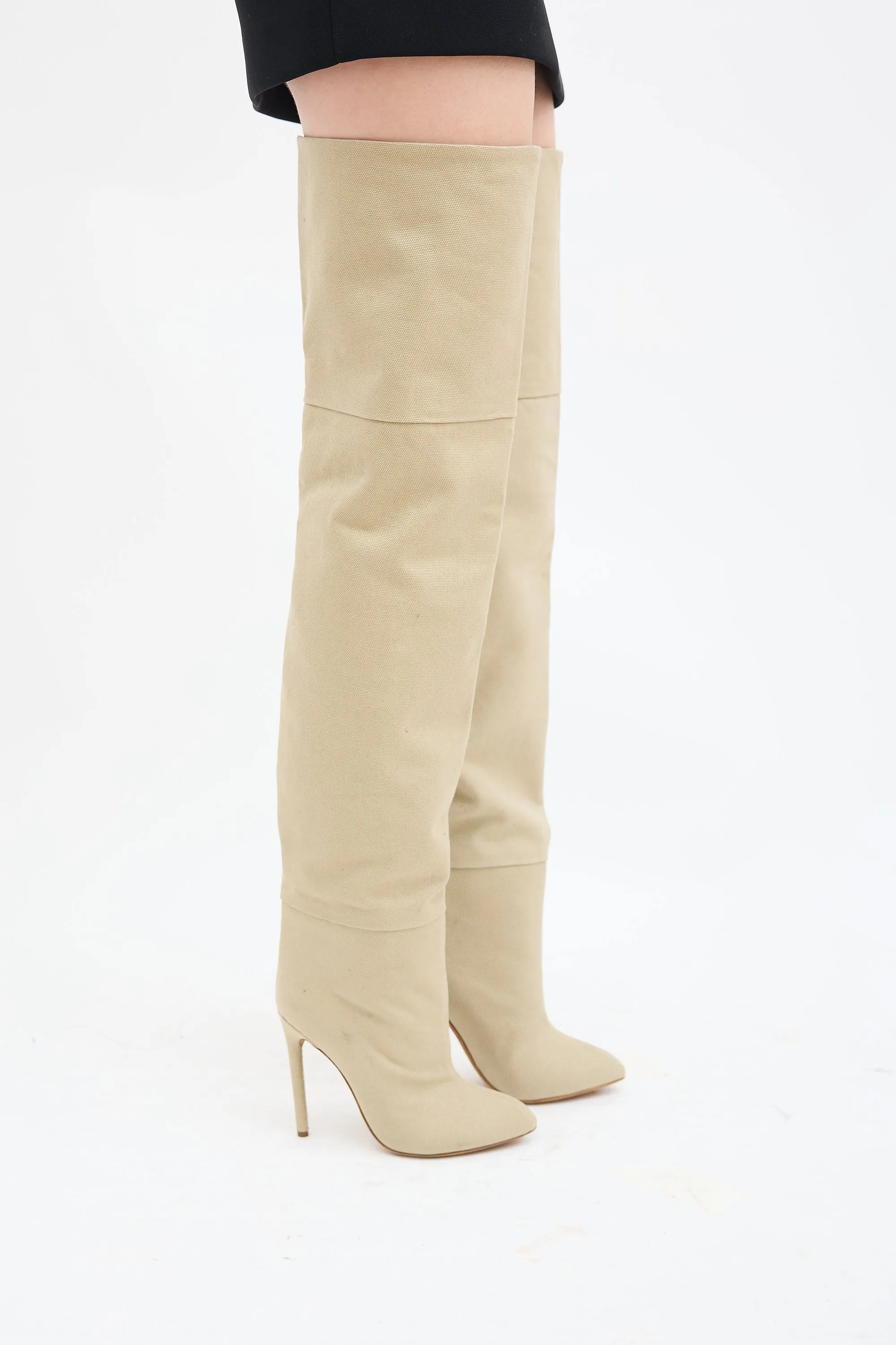 Beige Canvas Thigh High Boot