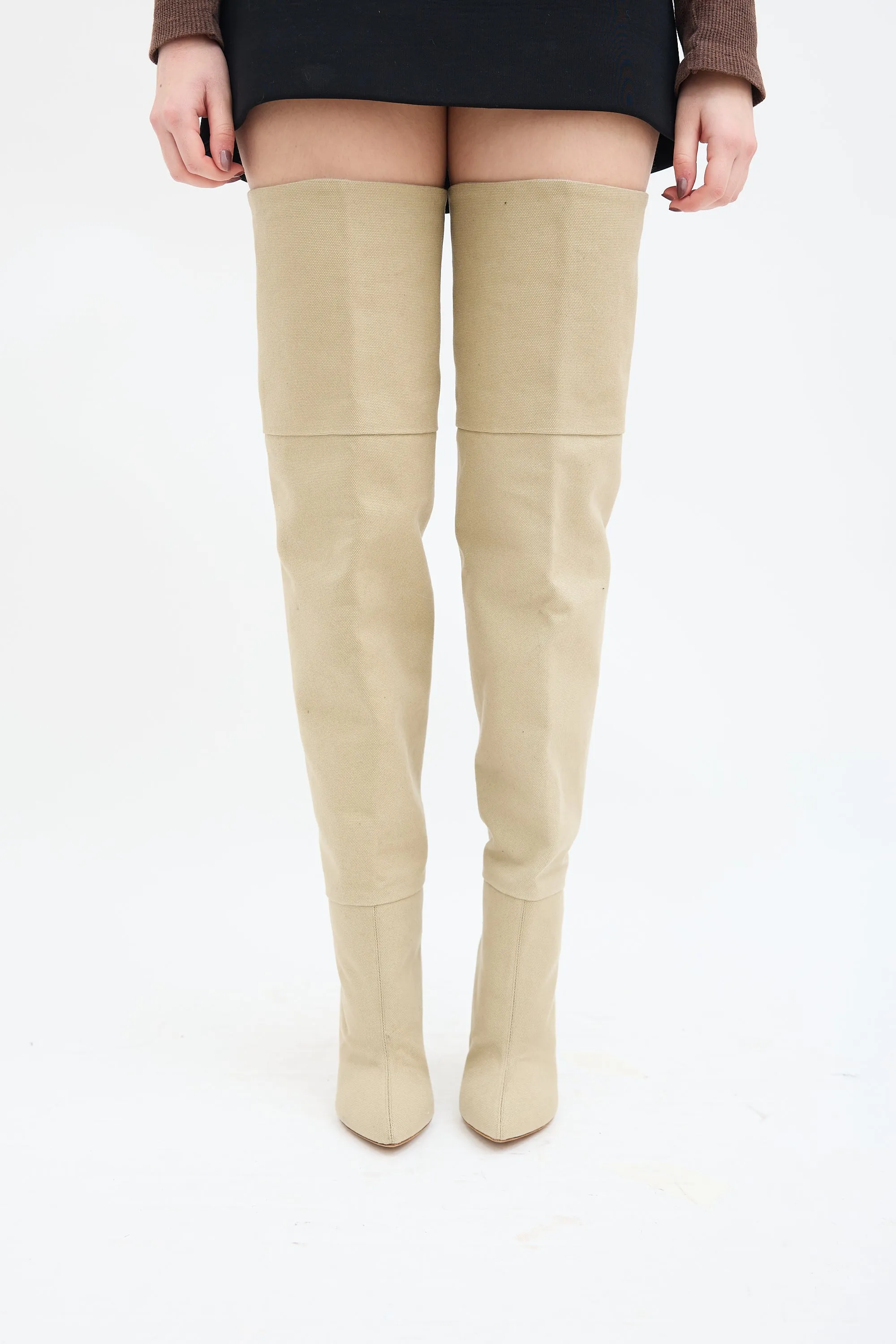 Beige Canvas Thigh High Boot