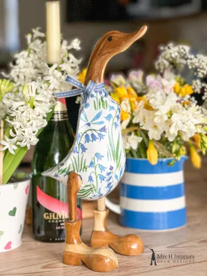 Belle The Bluebell Wooden Duck - Floral Decorated Wooden Duck in Boots by Mrs H the Duck Lady