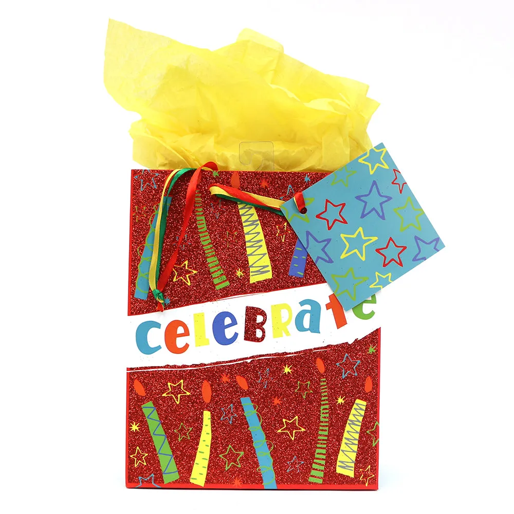 Birthday-Icoloris Medio(Medium) Candles Matte Gift Bag With Glitter , 1 Design