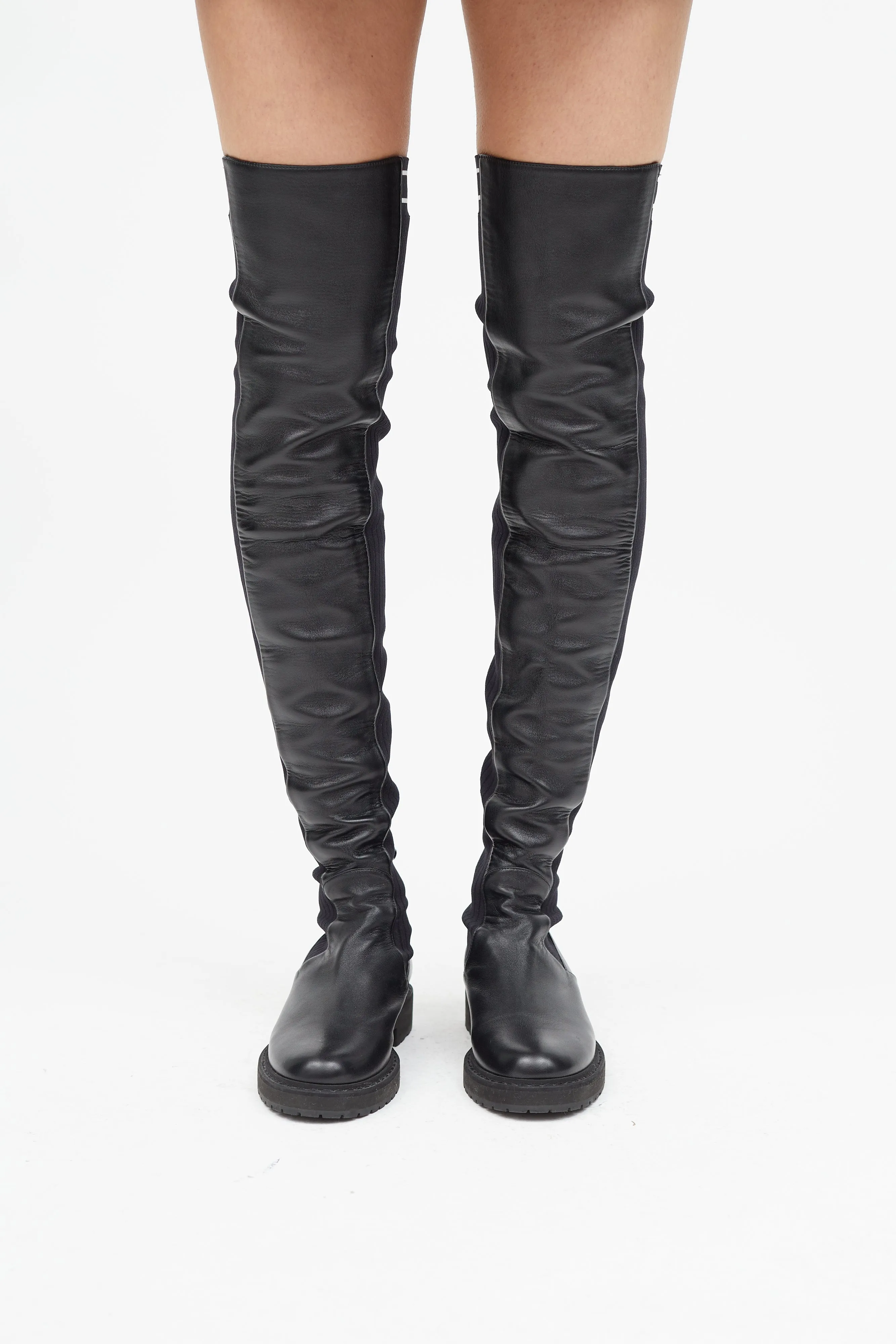 Black Leather & Ribbed Thigh High Boot