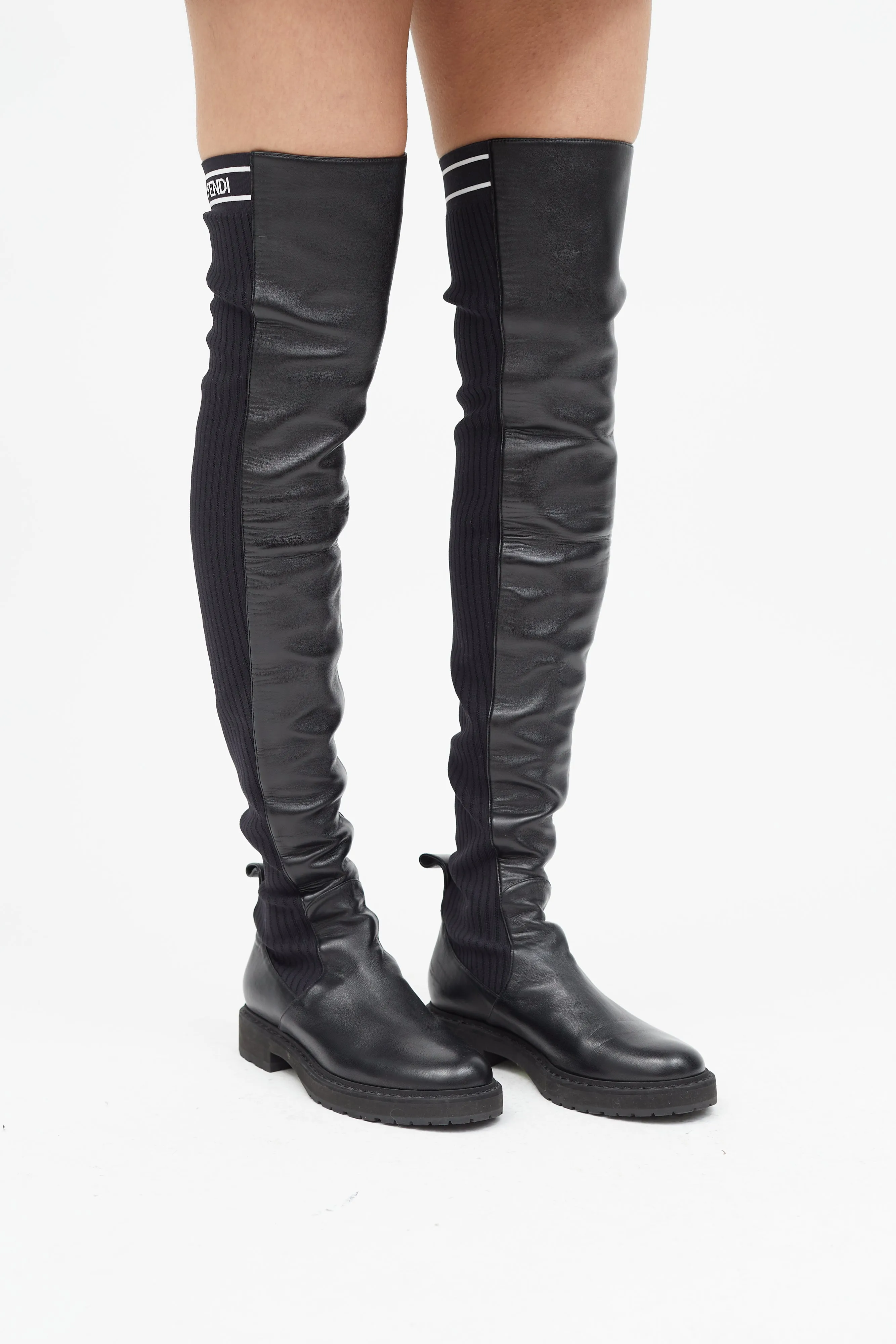 Black Leather & Ribbed Thigh High Boot