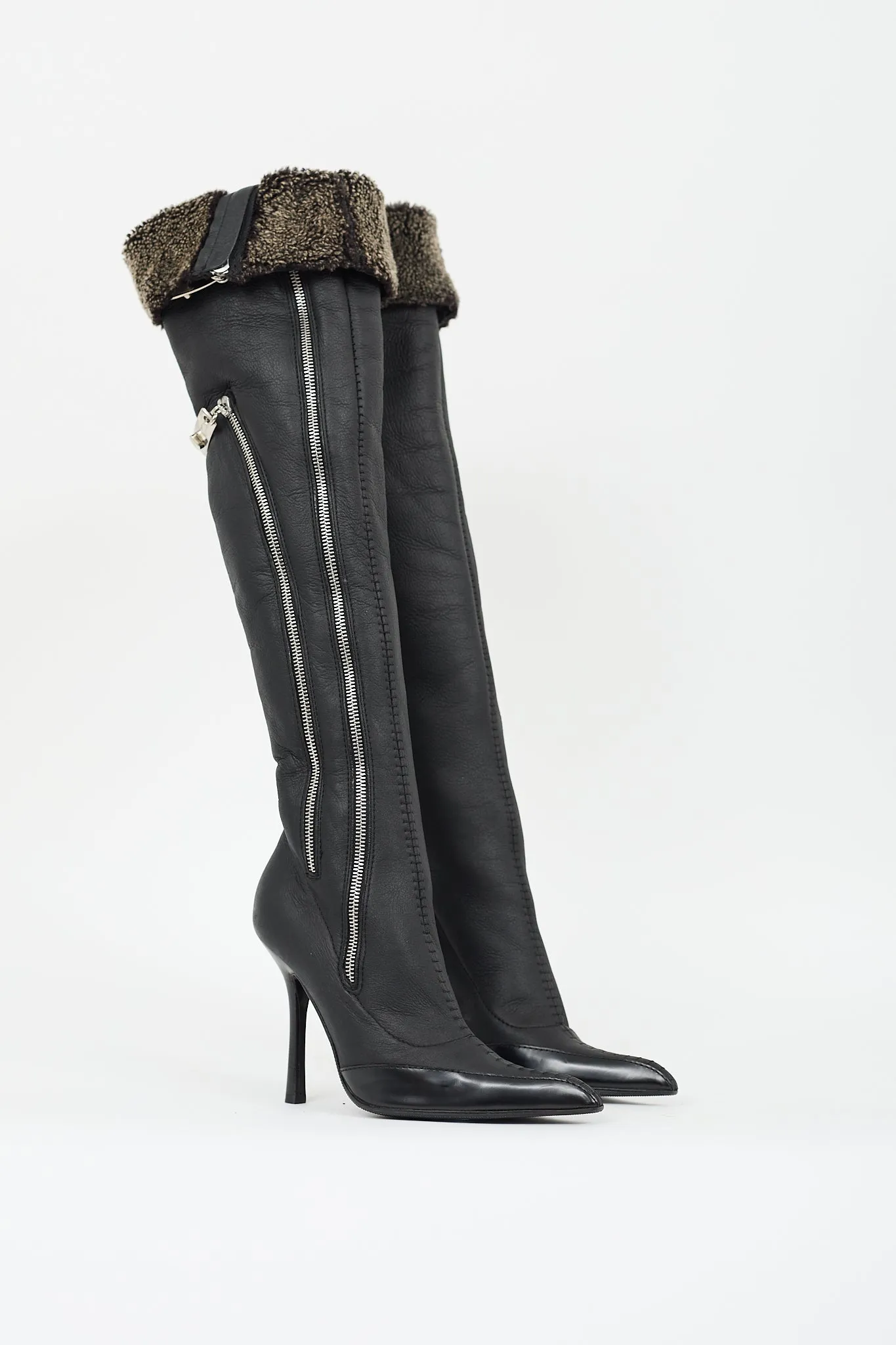 Black Leather & Shearling Lined Zip Boot