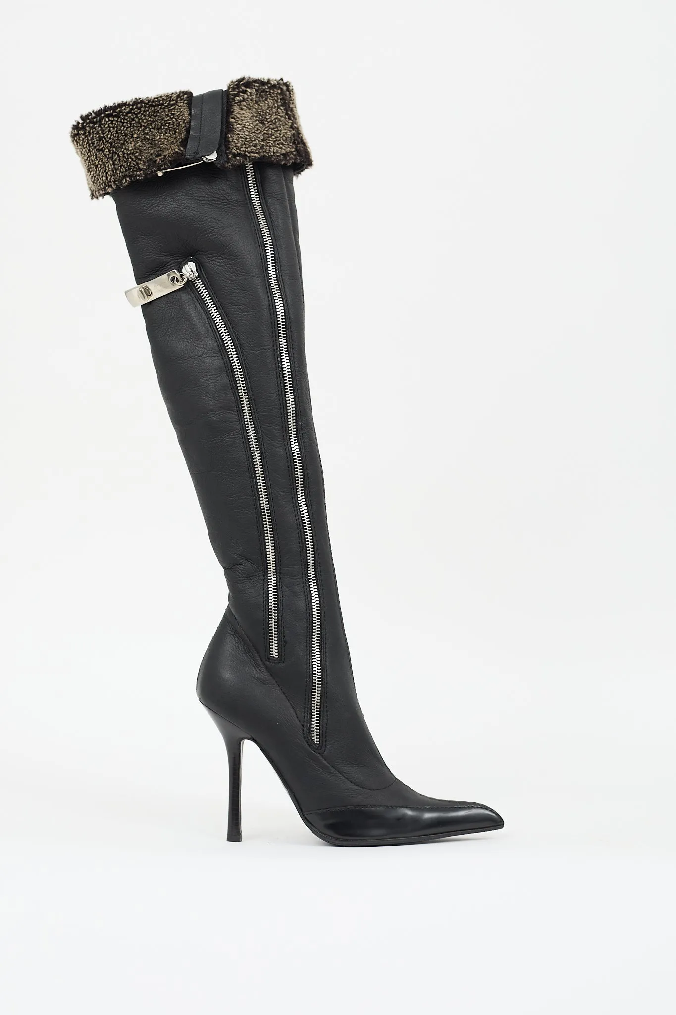 Black Leather & Shearling Lined Zip Boot