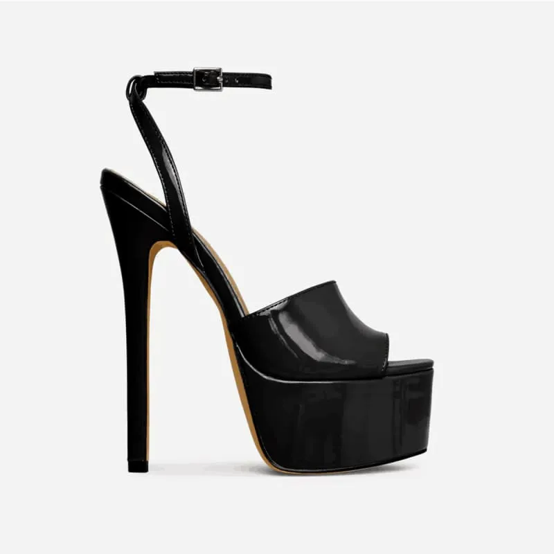 Black Patent Peep Toe Ankle Fasten High Heel Sandals