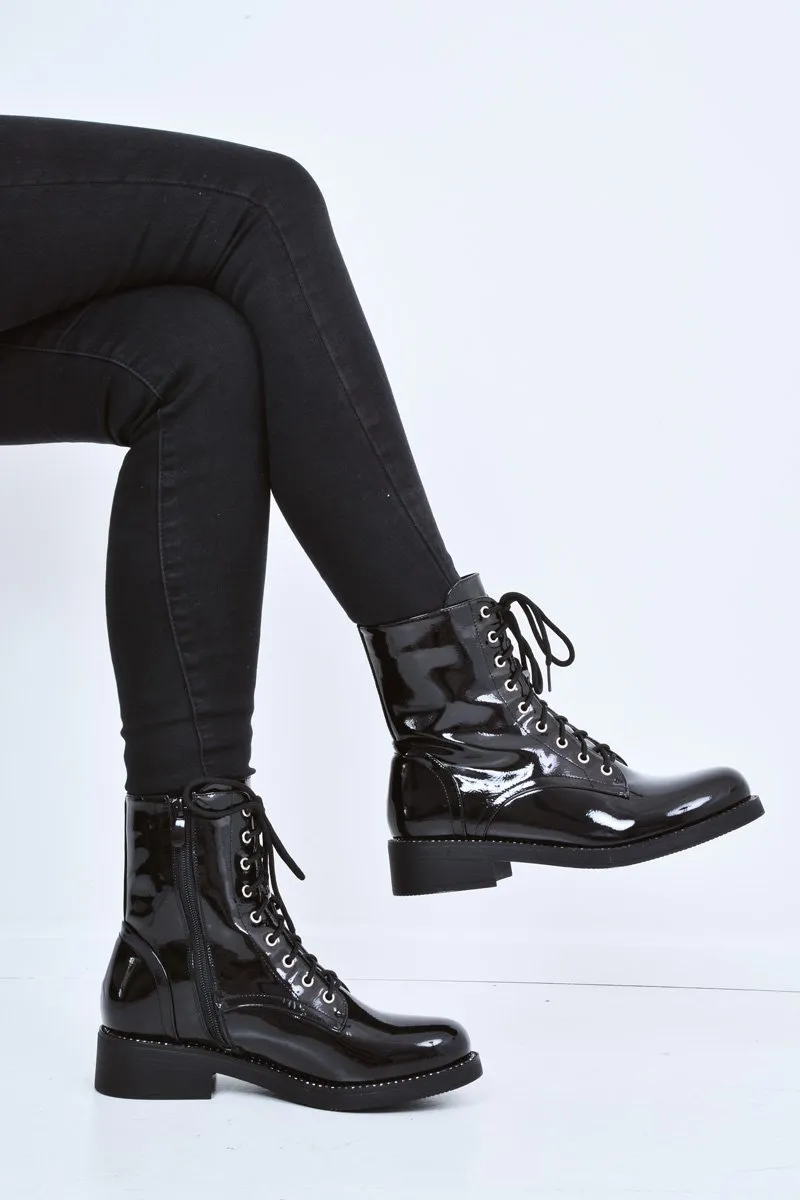 Black Patent Stud Detail Biker Boots - Meia