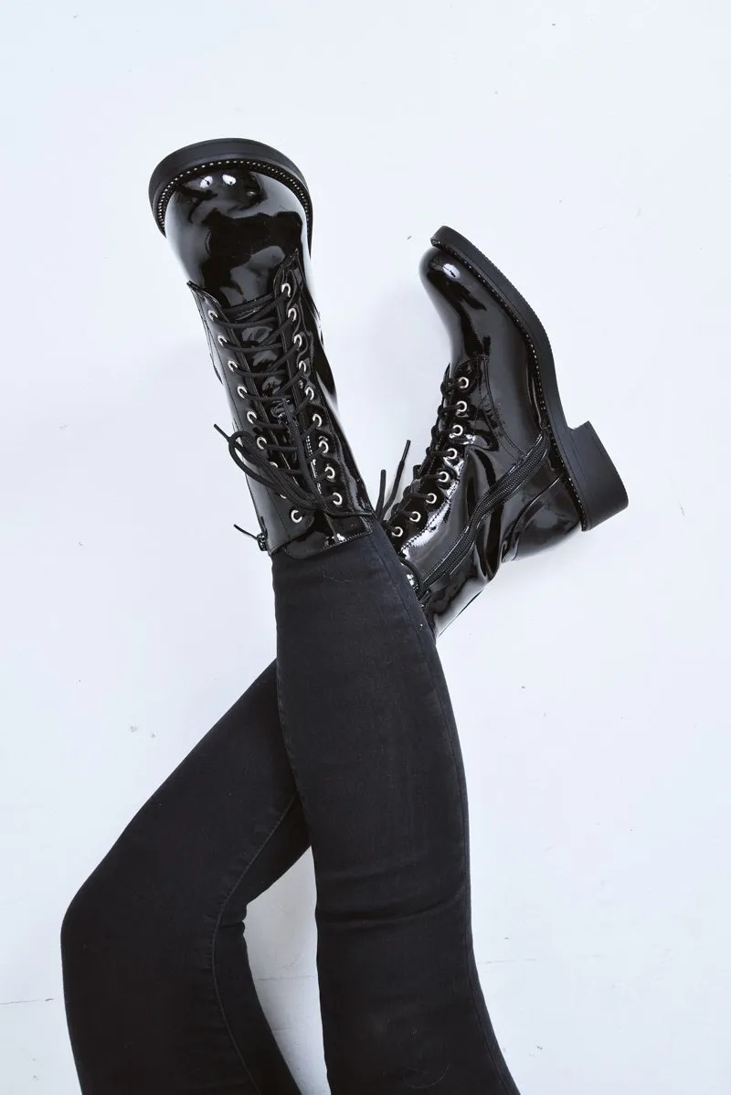 Black Patent Stud Detail Biker Boots - Meia