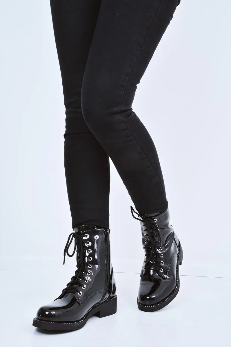 Black Patent Stud Detail Biker Boots - Meia