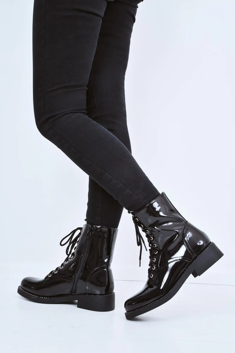 Black Patent Stud Detail Biker Boots - Meia