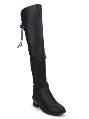 Black PU Back Lace-up Golden Detail Long Boots