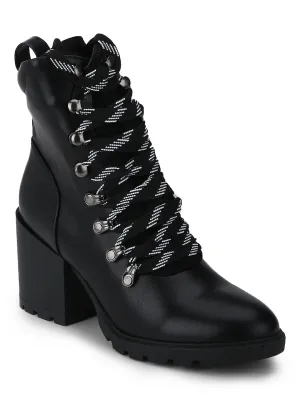 Black PU Lace-Up Block Heel Biker Ankle Length Boots