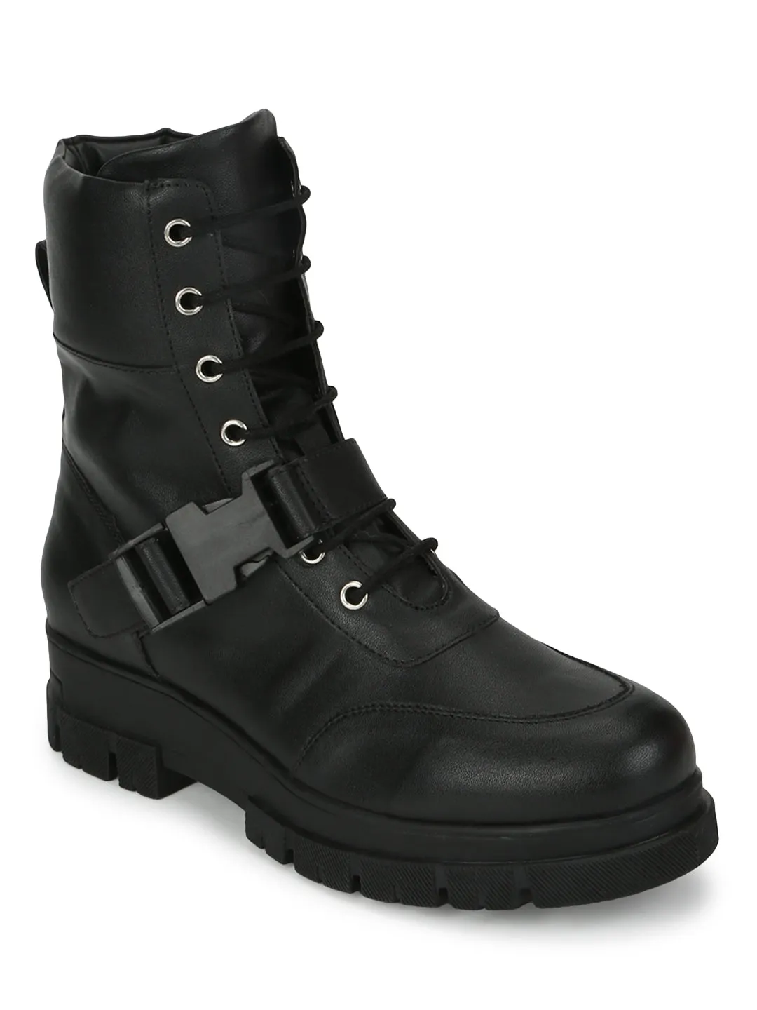 Black PU Lace Up Side Buckle Boots