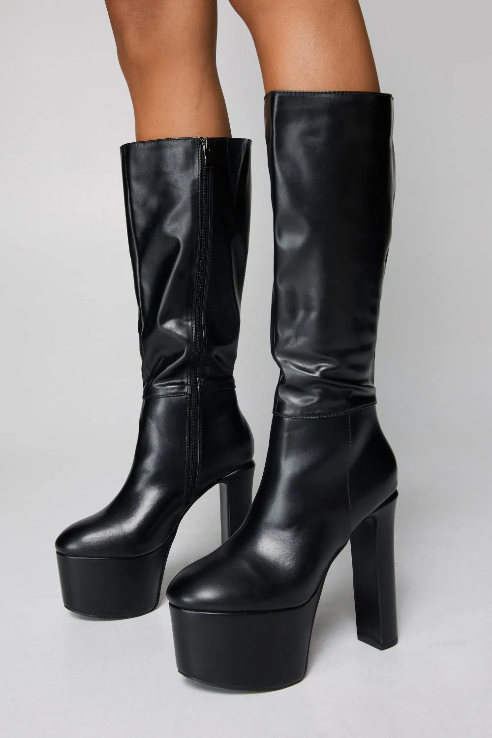 Black PU Platform Block High Heel Calf Boots Wth Side Zip