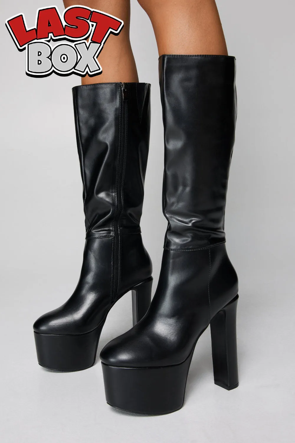 Black PU Platform Block High Heel Calf Boots Wth Side Zip