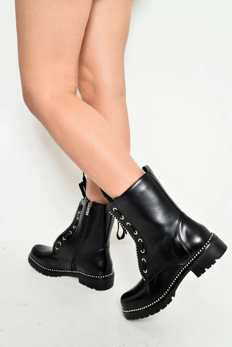 Black PU Stud Trim Biker Boots - Tiarra