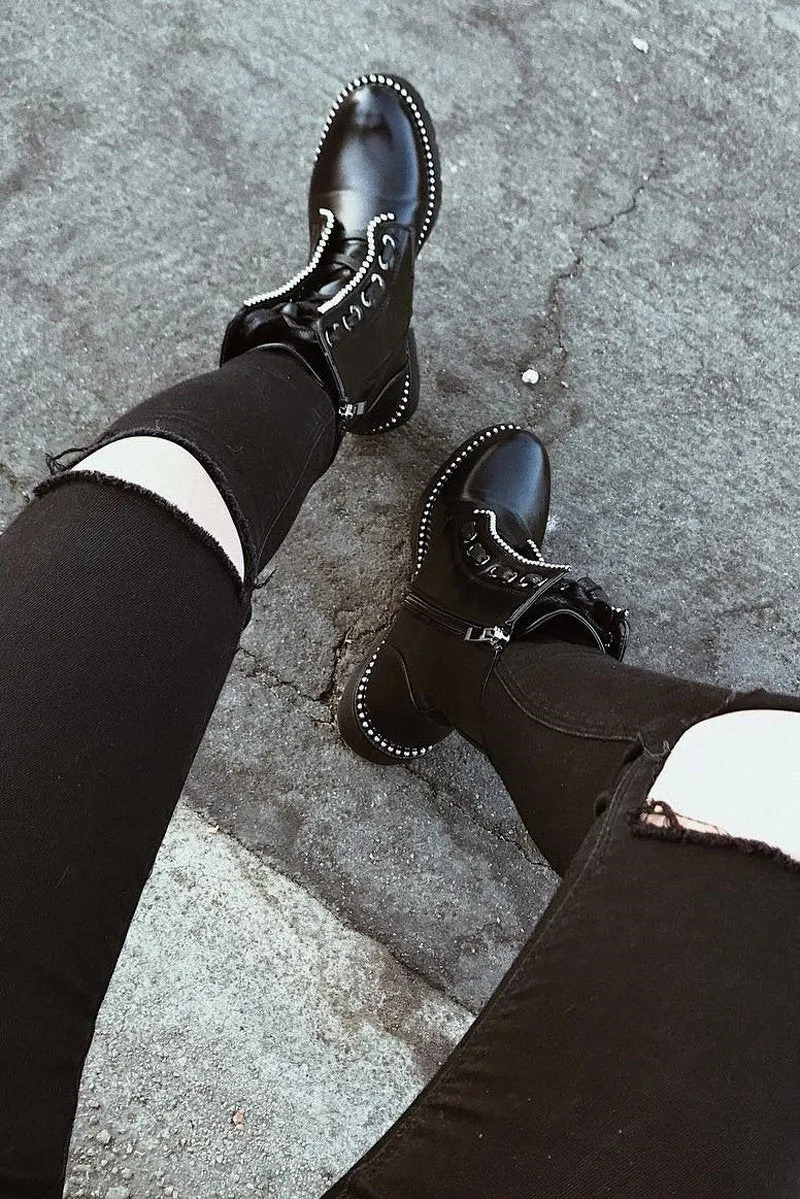 Black PU Stud Trim Biker Boots - Tiarra