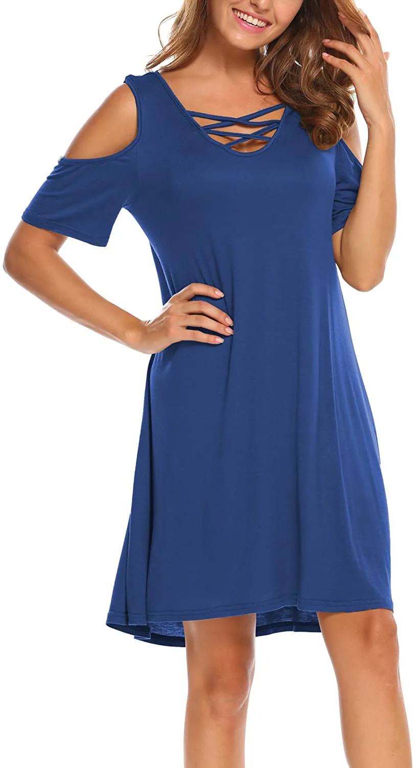 Bluetime Women Summer Cold Shoulder Criss Cross Neckline Short Sleeve Casual Tunic Top Dress (S-3XL)