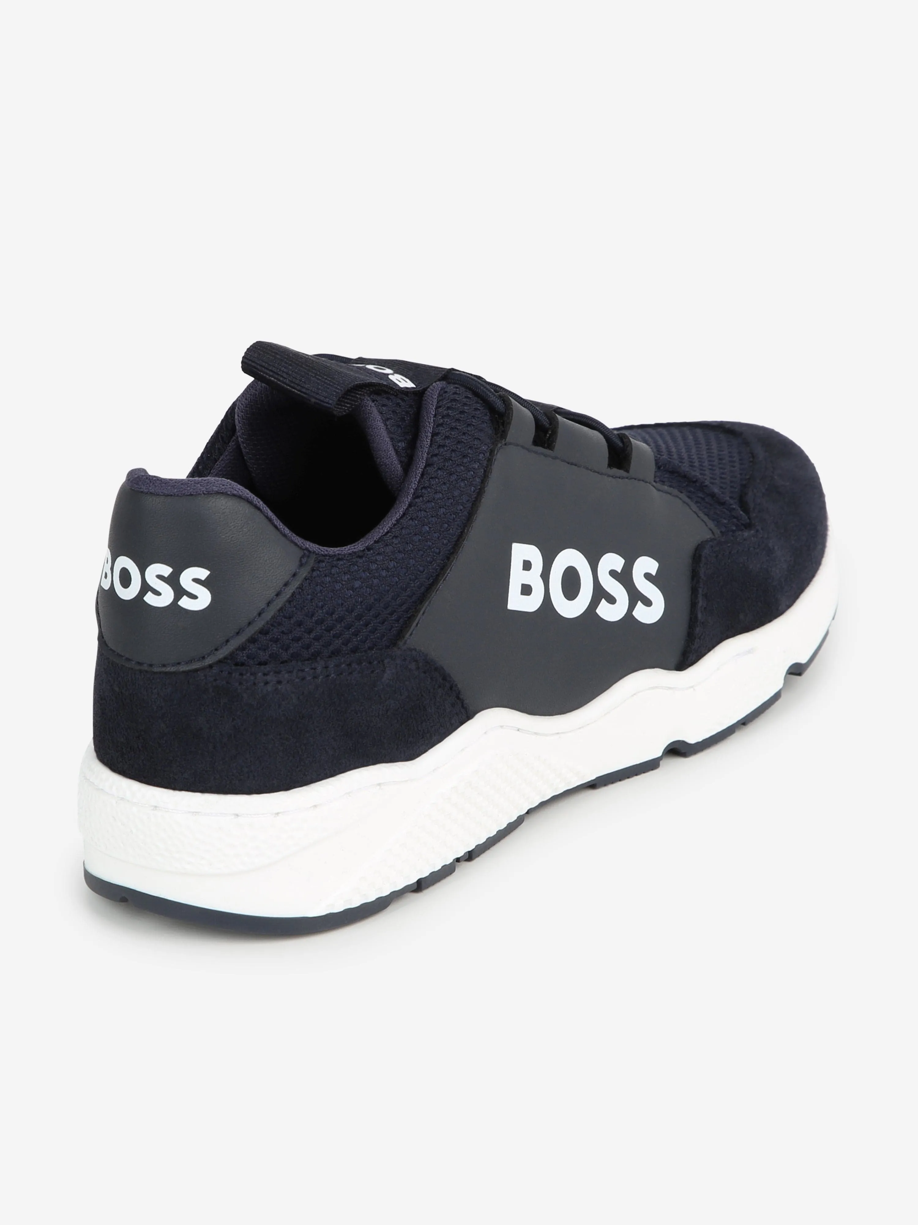 BOSS Boys Leather And Mesh Logo Trainer in Navy